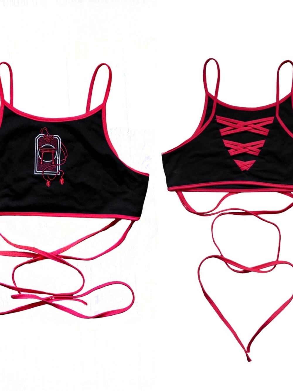 Iron Yokai Lucky Charm Omamori Black & Red String Of Fate Laced Crop Bralette